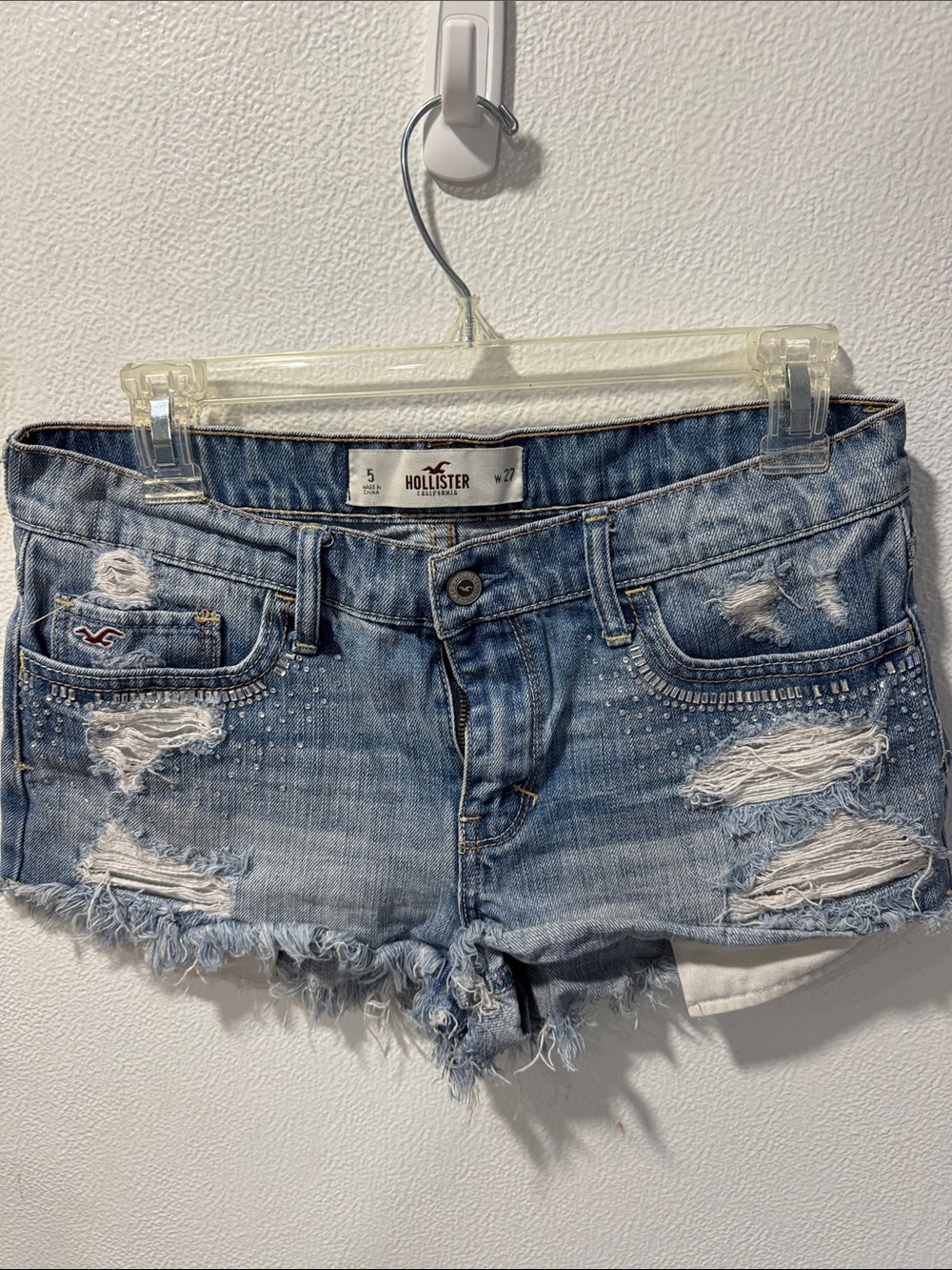 Hollister Light Blue Distressed Denim Shorts with Stud Accents